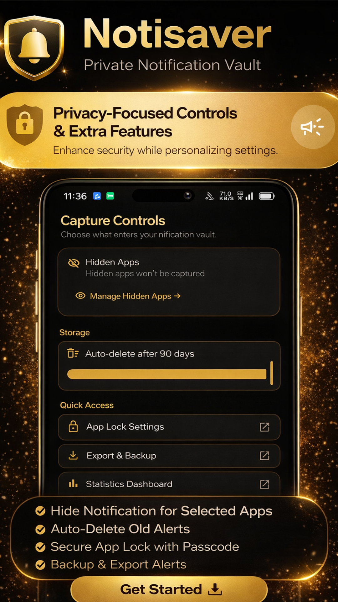 Notisaver promotional screenshot showing privacy controls, app lock, export, and backup settings