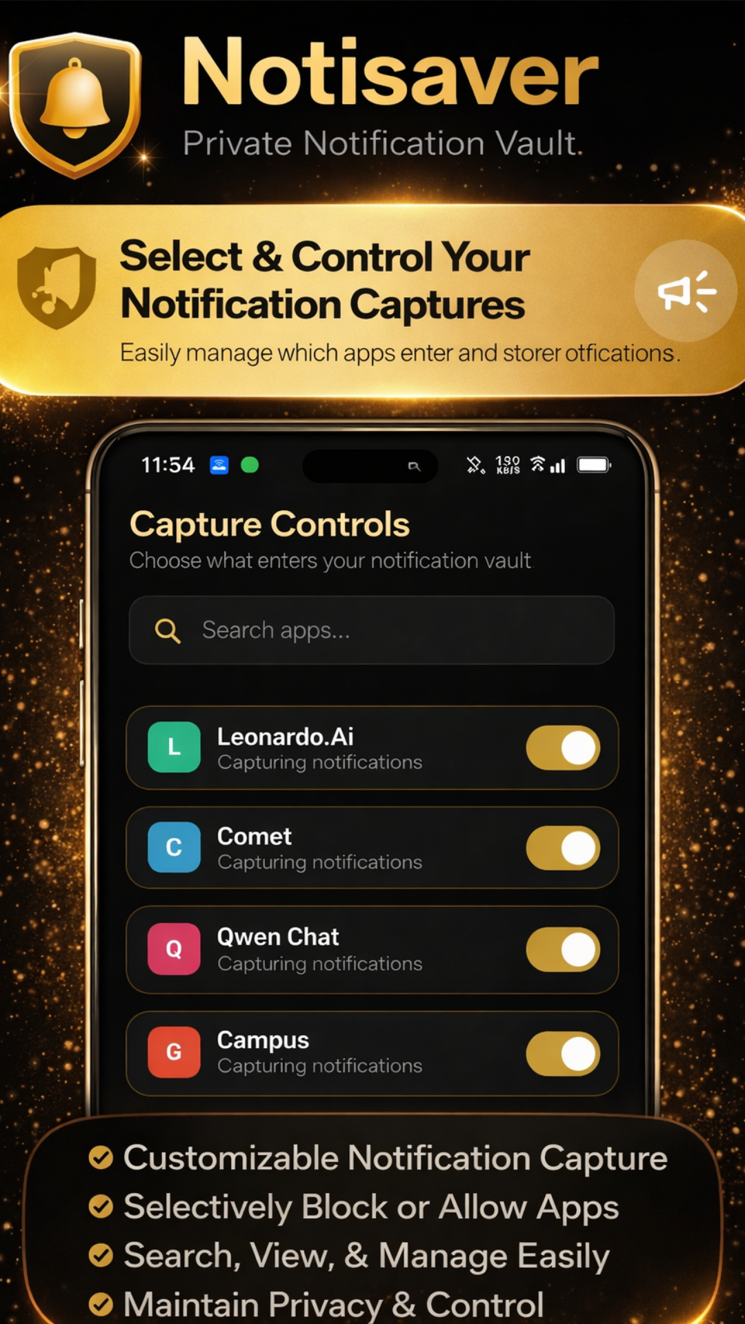 Notisaver promotional screenshot showing per-app capture controls
