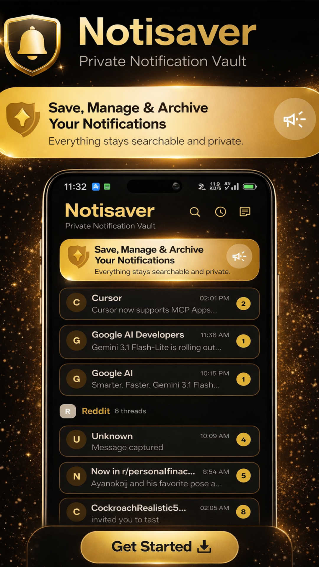 Notisaver promotional screenshot showing archive filters and notification list view