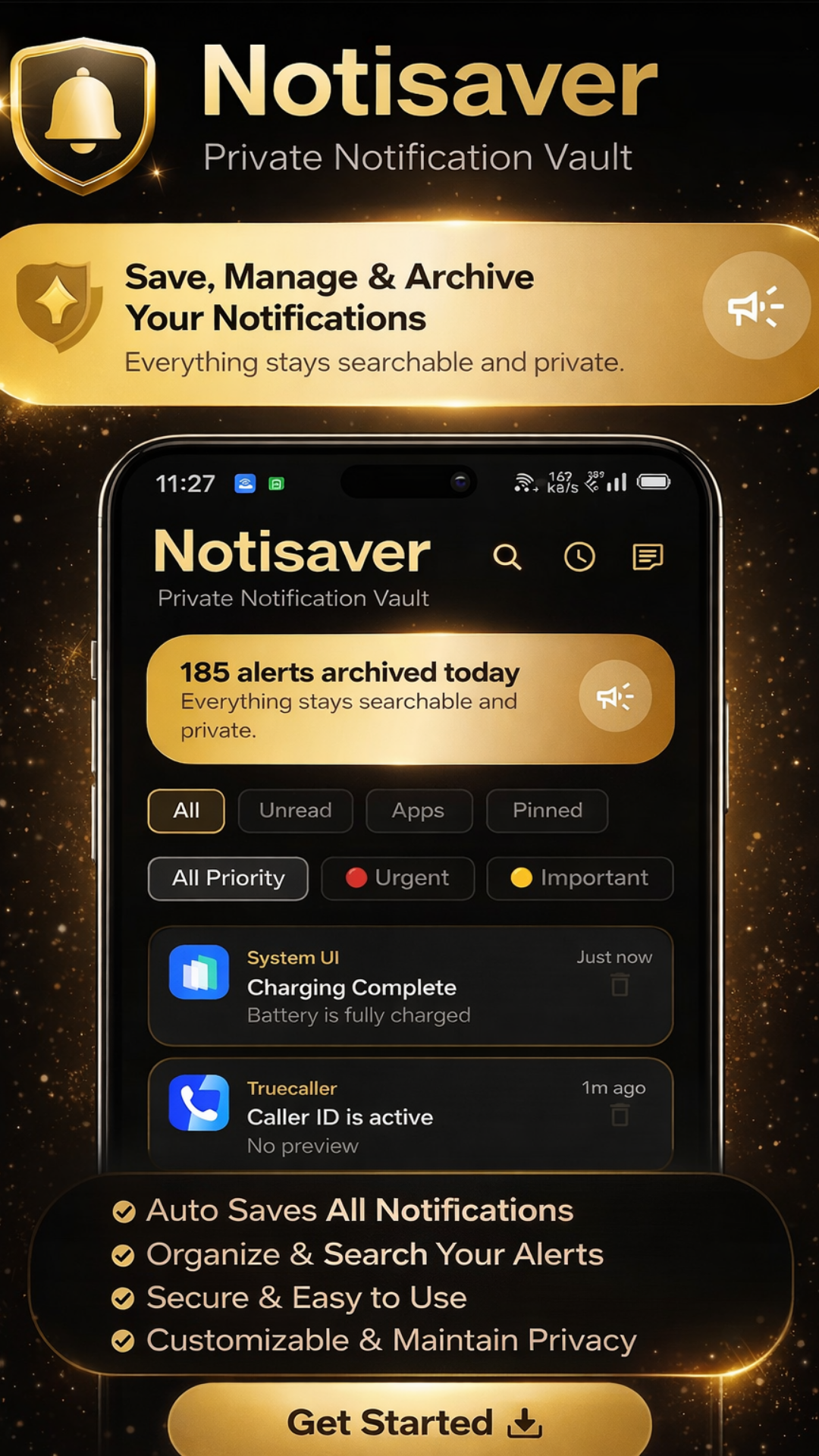 Notisaver promotional screenshot showing the main notification archive screen